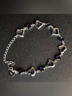 925 Sterling Silver Heart Link Bracelet with Purple Stones